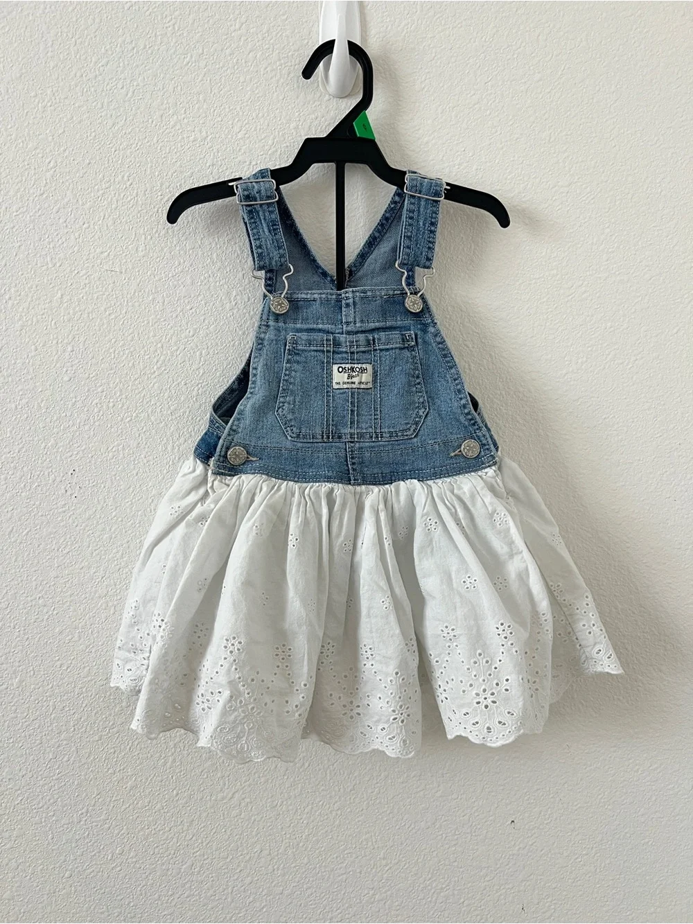 OshKosh B'gosh Denim Overall Dress with White Eyelet Skirt - Blue & White 🤍